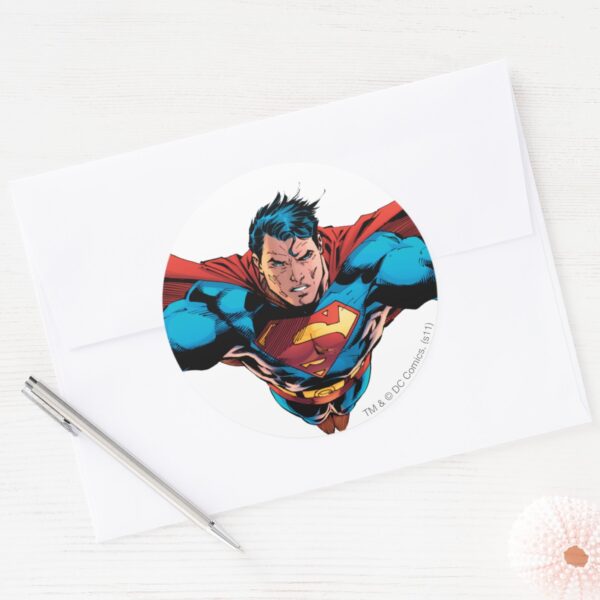 Superman_cape_flies_classic_round_sticker_3 Superman Cape Flies Classic Round Sticker