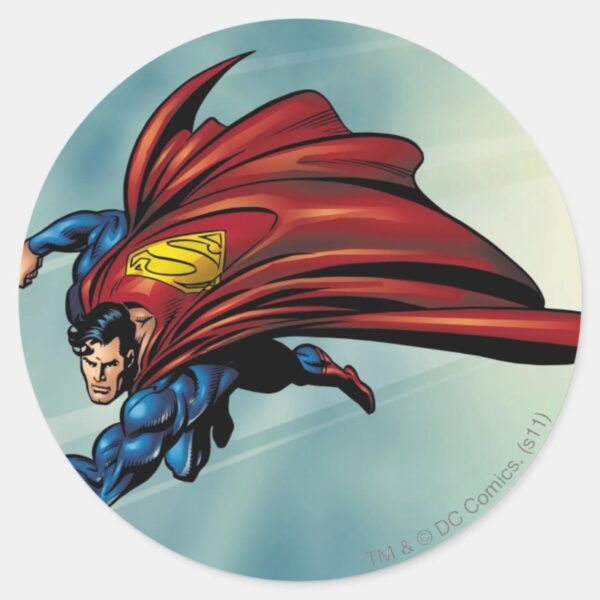 Superman_flys_with_cape_classic_round_sticker_1 Superman Flys With Cape Classic Round Sticker