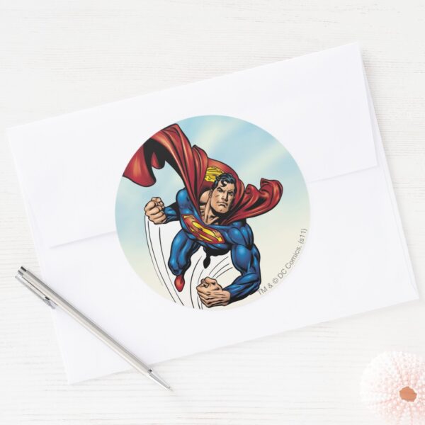 Superman_swift_through_the_air_classic_round_sticker_3 Superman Swift Through The Air Classic Round Sticker