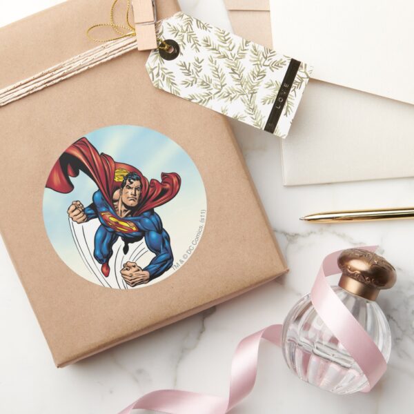 Superman_swift_through_the_air_classic_round_sticker_5 Superman Swift Through The Air Classic Round Sticker