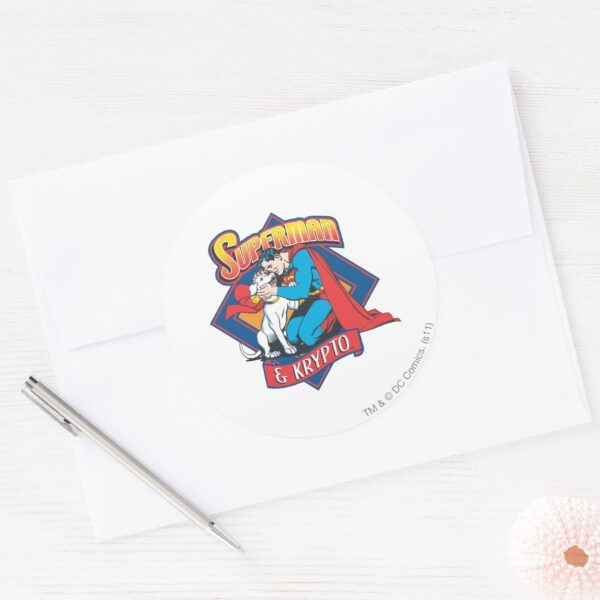 Superman_with_Krypto_Classic_Round_Sticker_3 Superman With Krypto Classic Round Sticker