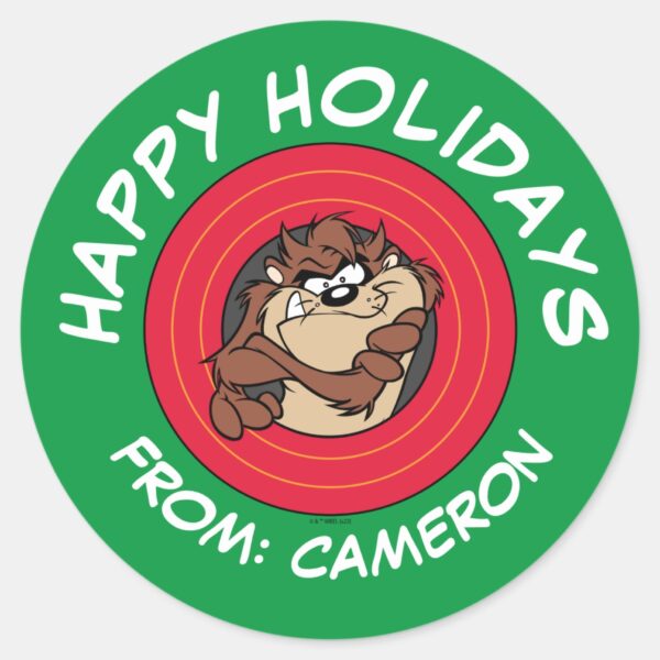 TAZ™_Through_LOONEY_TUNES™_Circle___Happy_Holidays_Classic_Round_Sticker_1 TAZ™ Through LOONEY TUNES™ Circle Happy Holidays Classic Round Sticker