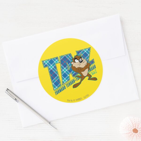 TAZ™_Tornado_Terror_Plaid_Classic_Round_Sticker_3 TAZ™ Tornado Terror Plaid Classic Round Sticker