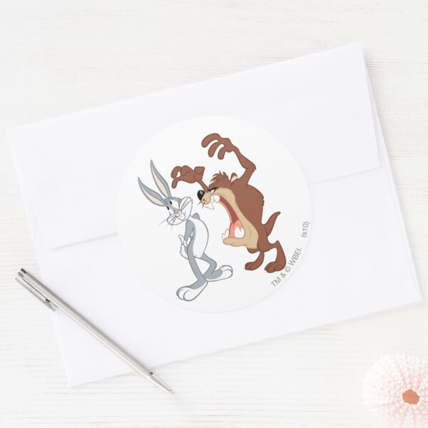TAZ™_and_BUGS_BUNNY™_Not_Even_Flinching_-_Color_Classic_Round_Sticker_3 TAZ™ And BUGS BUNNY™ Not Even Flinching Color Classic Round Sticker