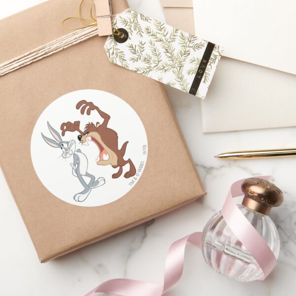 TAZ™_and_BUGS_BUNNY™_Not_Even_Flinching_-_Color_Classic_Round_Sticker_5 TAZ™ And BUGS BUNNY™ Not Even Flinching Color Classic Round Sticker