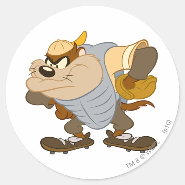 TAZ™_at_the_Catcher's_Mound_Classic_Round_Sticker_1 TAZ™ At The Catchers Mound Classic Round Sticker