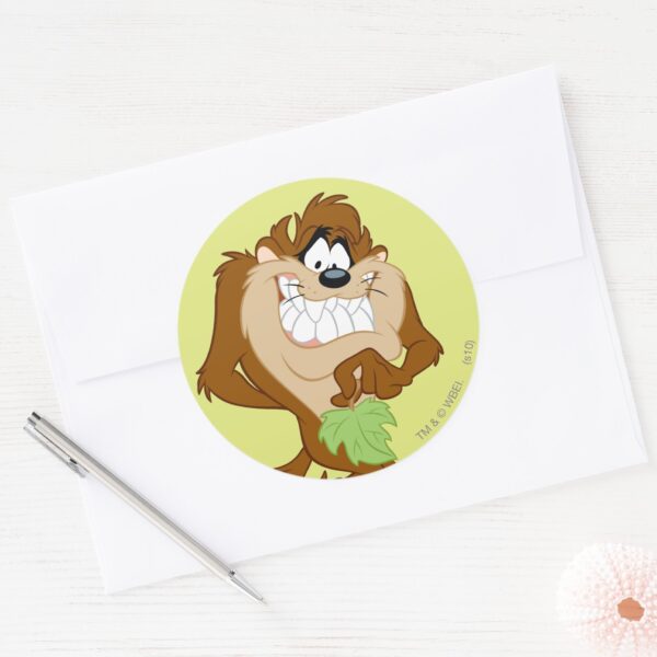 TAZ™_holding_a_leaf_Classic_Round_Sticker_3 TAZ™ Holding A Leaf Classic Round Sticker