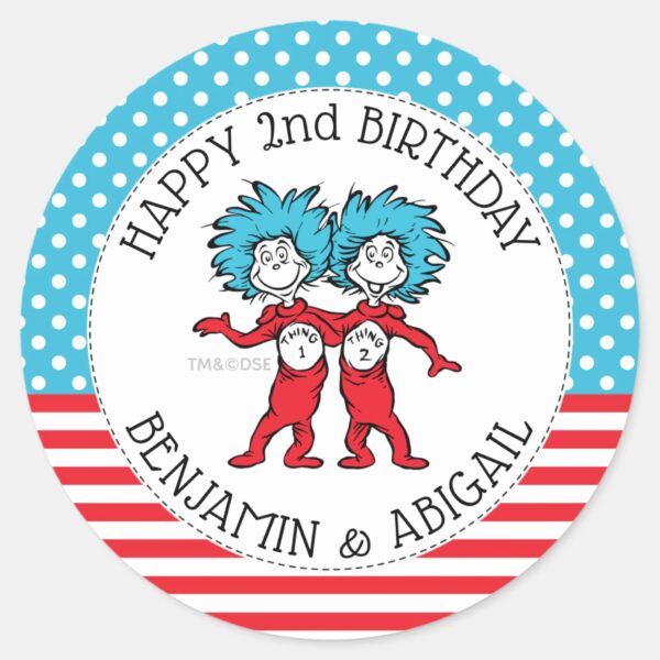 Thing_One_Thing_Two___Twins_Birthday_Classic_Round_Sticker_1 Thing One Thing Two Twins Birthday Classic Round Sticker