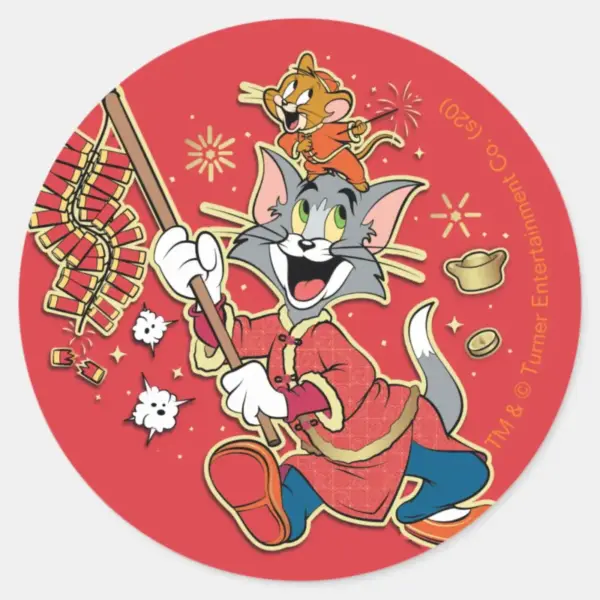 Tom_&_Jerry_Lighting_Firecrackers_Classic_Round_Sticker_1 Tom Jerry Lighting Firecrackers Classic Round Sticker