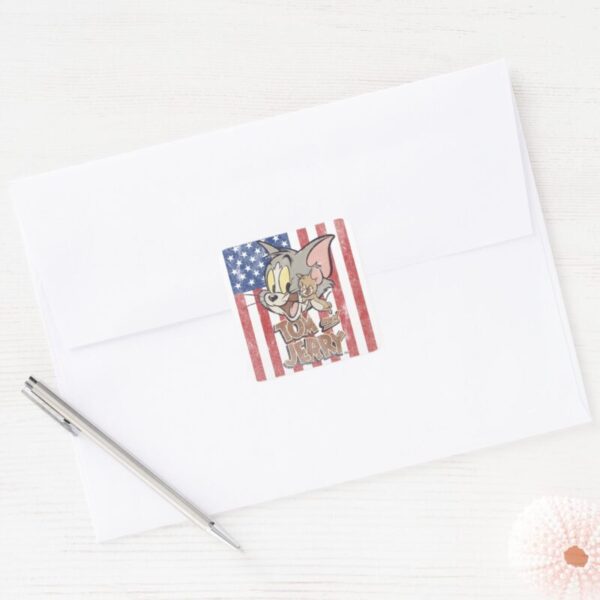 Tom_&_Jerry_With_US_Flag_Square_Sticker_3 Tom Jerry With US Flag Square Sticker
