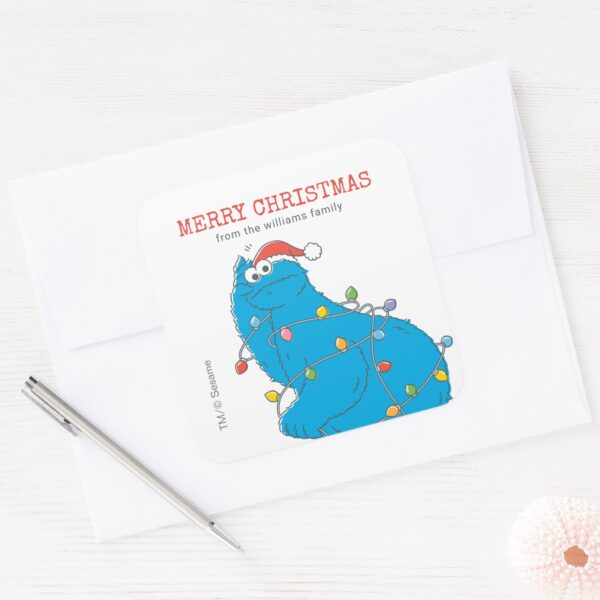 Vintage_Cookie_Monster_Christmas_Lights_Square_Sticker_3 Vintage Cookie Monster Christmas Lights Square Sticker