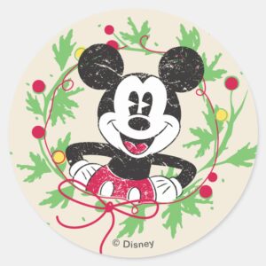 Vintage Mickey Mouse Christmas Wreath Classic Round Sticker