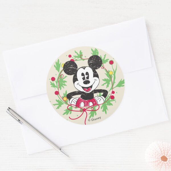Vintage_Mickey_Mouse___Christmas_Wreath_Classic_Round_Sticker_3 Vintage Mickey Mouse Christmas Wreath Classic Round Sticker
