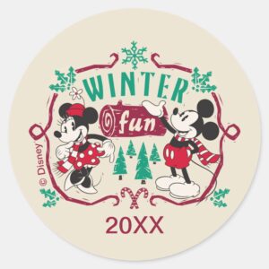 Vintage Mickey Minnie Winter Fun Classic Round Sticker