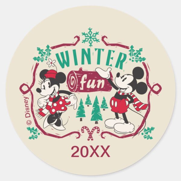 Vintage_Mickey_&_Minnie___Winter_Fun_Classic_Round_Sticker_1 Vintage Mickey Minnie Winter Fun Classic Round Sticker