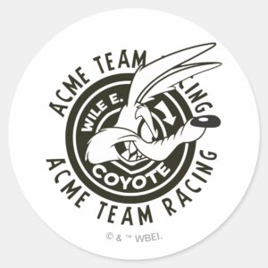 WILE_E._COYOTE™_Acme_Team_Racing_B_W_Classic_Round_Sticker_1 WILE E. COYOTE™ Acme Team Racing B W Classic Round Sticker