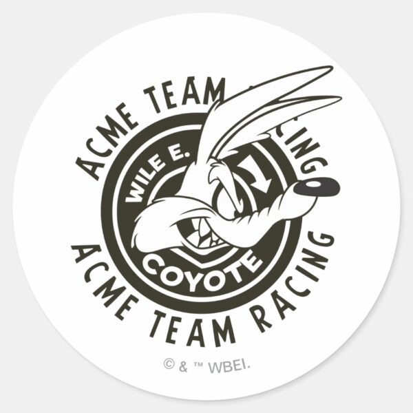 WILE_E._COYOTE™_Acme_Team_Racing_B_W_Classic_Round_Sticker_1 WILE E. COYOTE™ Acme Team Racing B W Classic Round Sticker