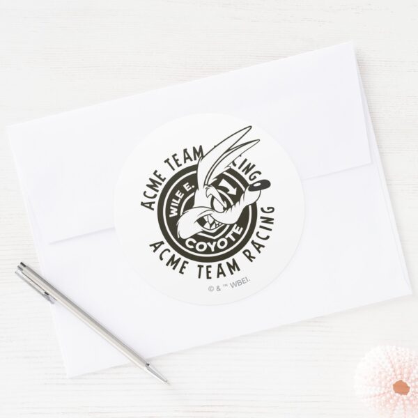 WILE_E._COYOTE™_Acme_Team_Racing_B_W_Classic_Round_Sticker_3 WILE E. COYOTE™ Acme Team Racing B W Classic Round Sticker