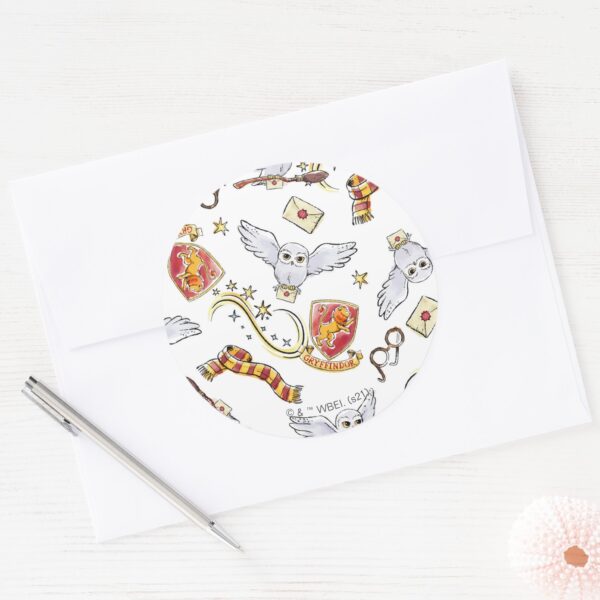 Watercolor_GRYFFINDOR™_Hedwig_Pattern_Classic_Round_Sticker_3 Watercolor GRYFFINDOR™ Hedwig Pattern Classic Round Sticker