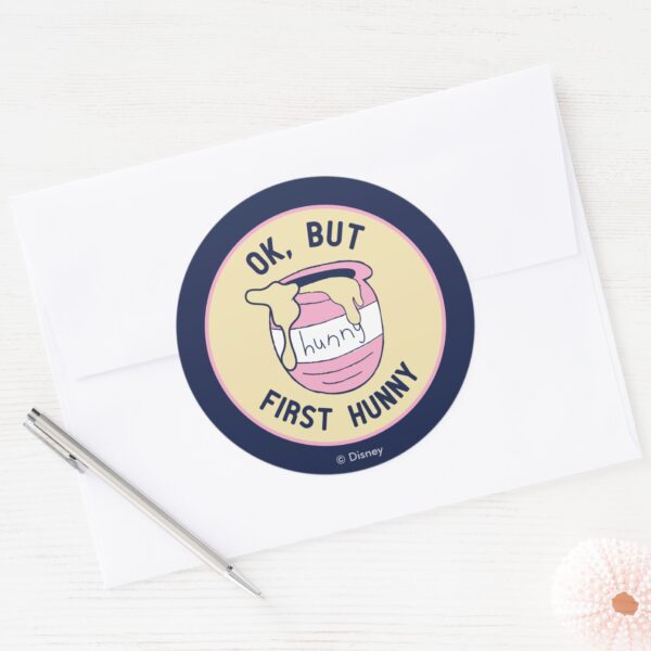 Winnie_The_Pooh___OK,_But_First_Hunny_Classic_Round_Sticker_3 Winnie The Pooh OK But First Hunny Classic Round Sticker