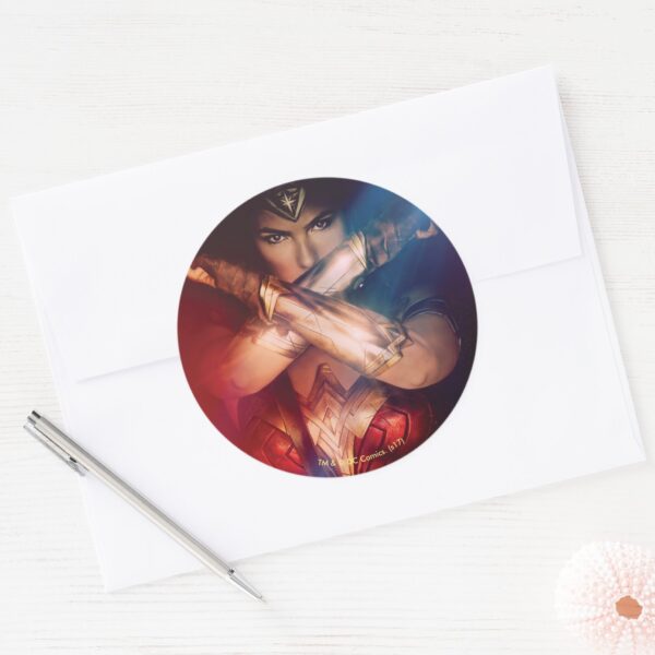 Wonder_Woman_Blocking_With_Bracelets_Classic_Round_Sticker_3 Wonder Woman Blocking With Bracelets Classic Round Sticker