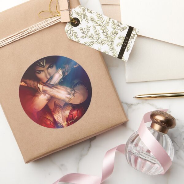 Wonder_Woman_Blocking_With_Bracelets_Classic_Round_Sticker_5 Wonder Woman Blocking With Bracelets Classic Round Sticker