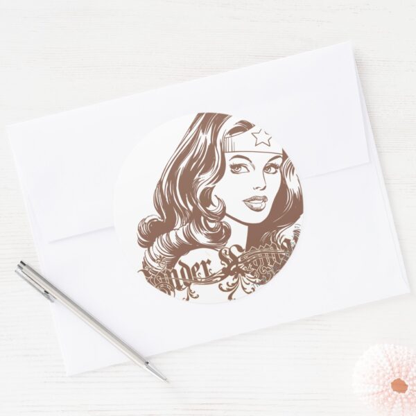 Wonder_Woman_Brown_Classic_Round_Sticker_3 Wonder Woman Brown Classic Round Sticker