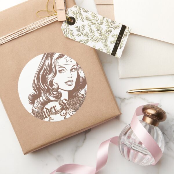 Wonder_Woman_Brown_Classic_Round_Sticker_5 Wonder Woman Brown Classic Round Sticker