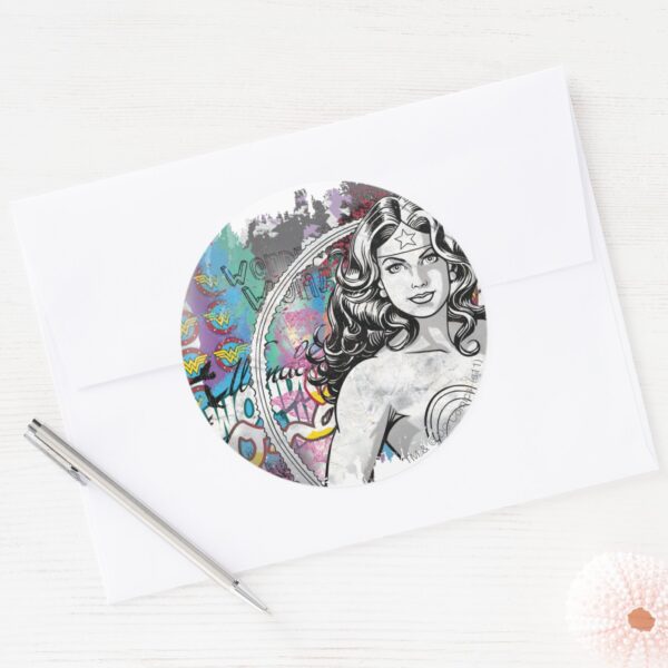 Wonder_Woman_Collage_6_Classic_Round_Sticker_3 Wonder Woman Collage 6 Classic Round Sticker