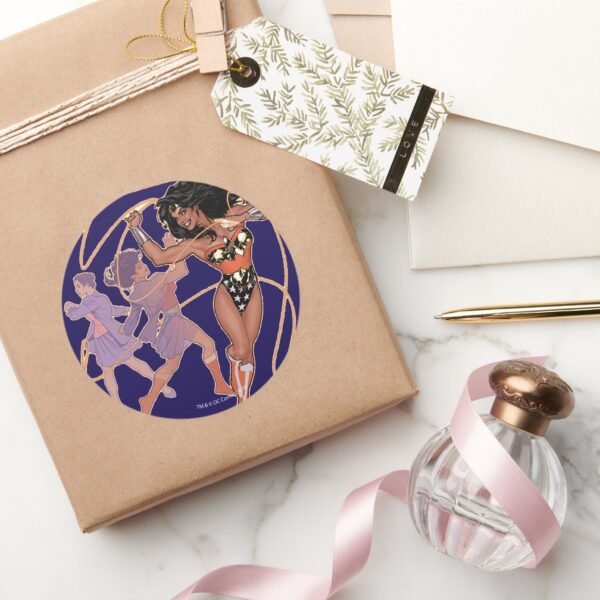 Wonder_Woman_Diana_Prince_Transformation_Classic_Round_Sticker_5 Wonder Woman Diana Prince Transformation Classic Round Sticker