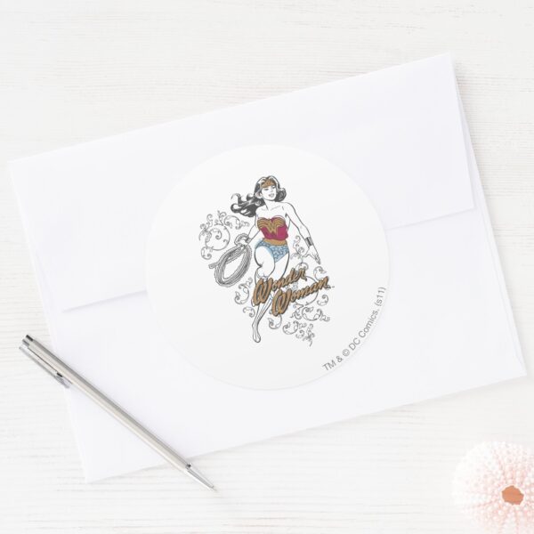 Wonder_Woman_Flourish_Classic_Round_Sticker_3 Wonder Woman Flourish Classic Round Sticker