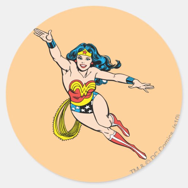 Wonder_Woman_Flying_Forward_Classic_Round_Sticker_1 Wonder Woman Flying Forward Classic Round Sticker