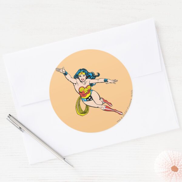 Wonder_Woman_Flying_Forward_Classic_Round_Sticker_3 Wonder Woman Flying Forward Classic Round Sticker