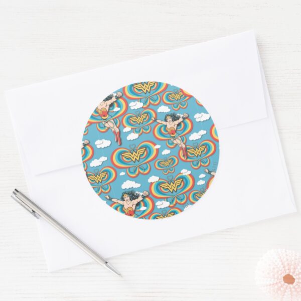 Wonder_Woman_Flying_High_Pattern_Classic_Round_Sticker_3 Wonder Woman Flying High Pattern Classic Round Sticker