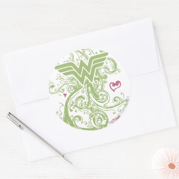 Wonder_Woman_Green_Swirls_Logo_Classic_Round_Sticker_3 Wonder Woman Green Swirls Logo Classic Round Sticker