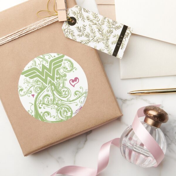 Wonder_Woman_Green_Swirls_Logo_Classic_Round_Sticker_5 Wonder Woman Green Swirls Logo Classic Round Sticker