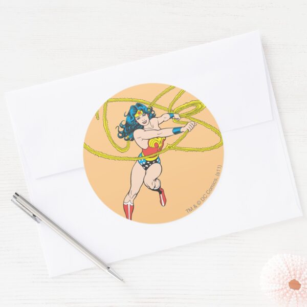 Wonder_Woman_Holds_Lasso_1_Classic_Round_Sticker_3 Wonder Woman Holds Lasso 1 Classic Round Sticker