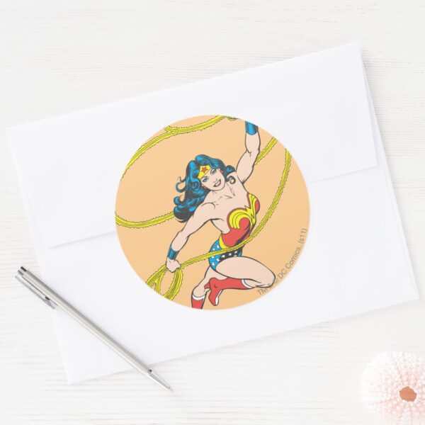 Wonder_Woman_Holds_Lasso_3_Classic_Round_Sticker_3 Wonder Woman Holds Lasso 3 Classic Round Sticker