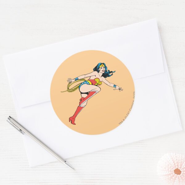 Wonder_Woman_Leap_Right_Classic_Round_Sticker_3 Wonder Woman Leap Right Classic Round Sticker