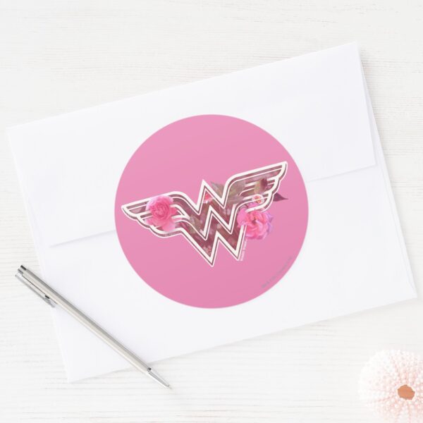 Wonder_Woman_Pink_Camellia_Flowers_Logo_Classic_Round_Sticker_3 Wonder Woman Pink Camellia Flowers Logo Classic Round Sticker