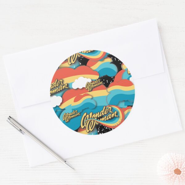 Wonder_Woman_Rainbow_Clouds_Pattern_Classic_Round_Sticker_3 Wonder Woman Rainbow Clouds Pattern Classic Round Sticker