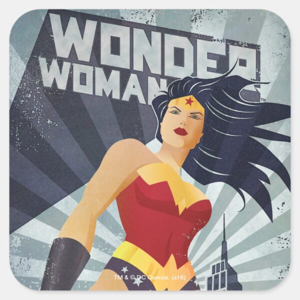Wonder_Woman_Retro_City_Sunburst_Square_Sticker_1 Wonder Woman Retro City Sunburst Square Sticker