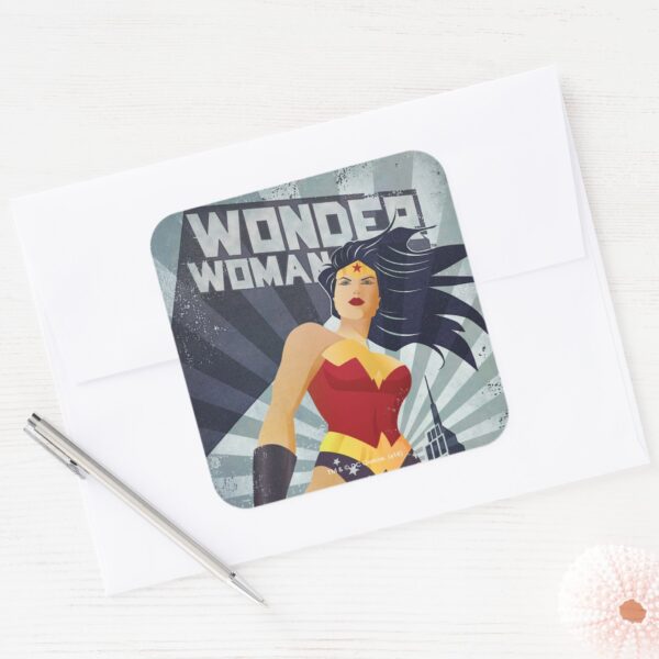 Wonder_Woman_Retro_City_Sunburst_Square_Sticker_3 Wonder Woman Retro City Sunburst Square Sticker