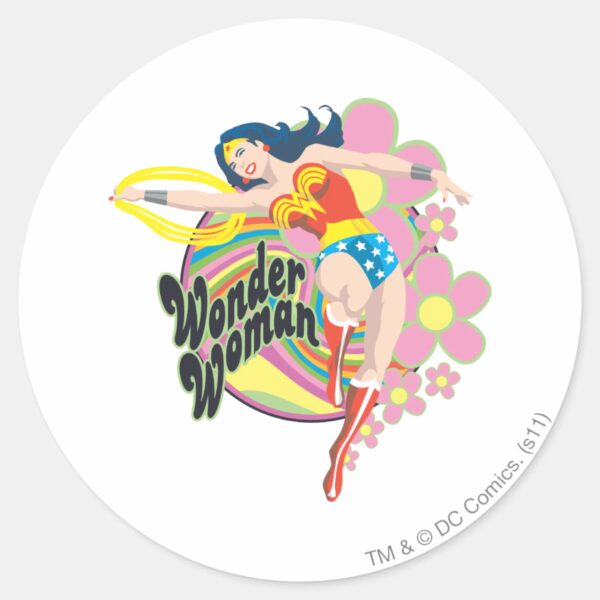 Wonder_Woman_Retro_Flowers_Classic_Round_Sticker_1 Wonder Woman Retro Flowers Classic Round Sticker