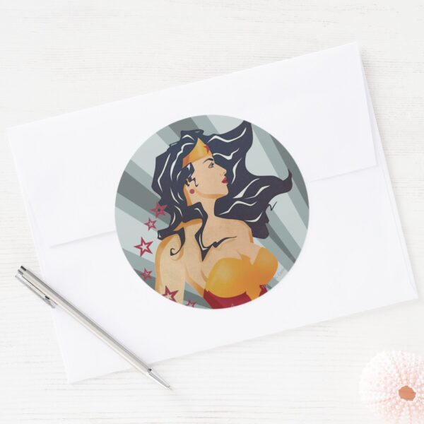 Wonder_Woman_Retro_Profile_Sunburst_Classic_Round_Sticker_3 Wonder Woman Retro Profile Sunburst Classic Round Sticker