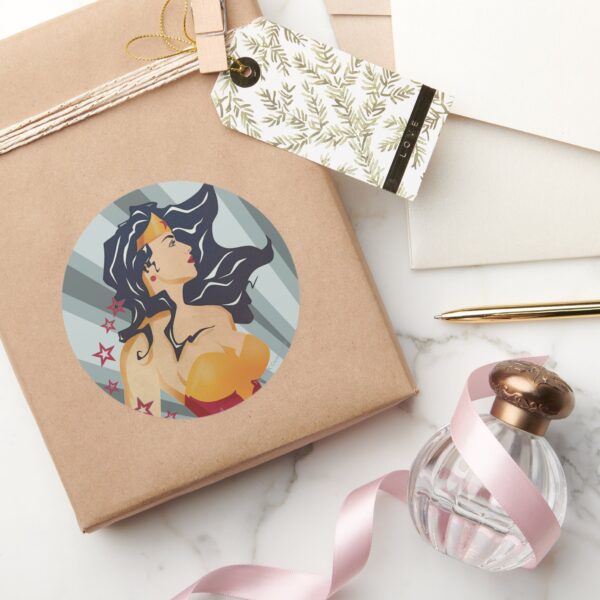 Wonder_Woman_Retro_Profile_Sunburst_Classic_Round_Sticker_5 Wonder Woman Retro Profile Sunburst Classic Round Sticker