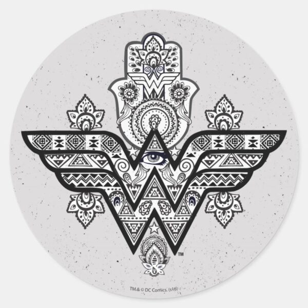 Wonder_Woman_Spiritual_Paisley_Hamsa_Logo_Classic_Round_Sticker_1 Wonder Woman Spiritual Paisley Hamsa Logo Classic Round Sticker