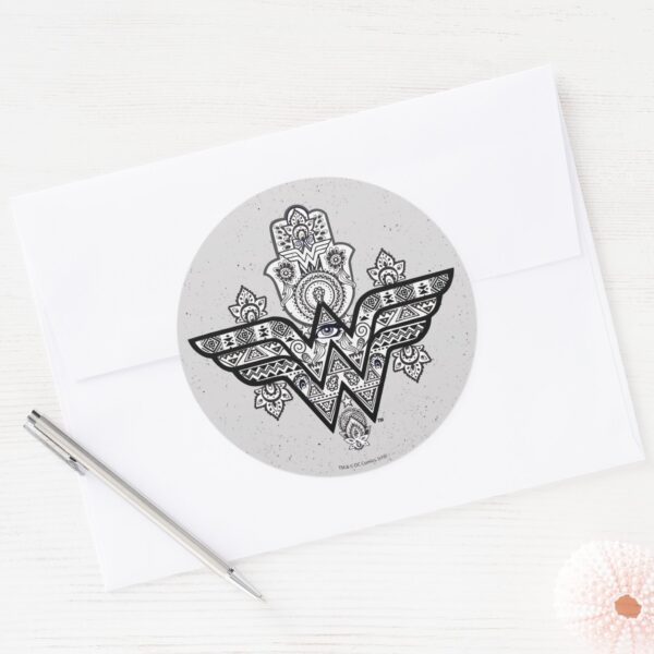 Wonder_Woman_Spiritual_Paisley_Hamsa_Logo_Classic_Round_Sticker_3 Wonder Woman Spiritual Paisley Hamsa Logo Classic Round Sticker