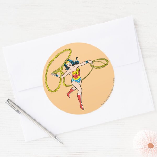Wonder_Woman_Swinging_Lasso_Classic_Round_Sticker_3 Wonder Woman Swinging Lasso Classic Round Sticker