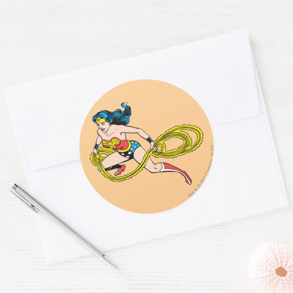 Wonder_Woman_Swinging_Lasso_Left_Classic_Round_Sticker_3 Wonder Woman Swinging Lasso Left Classic Round Sticker